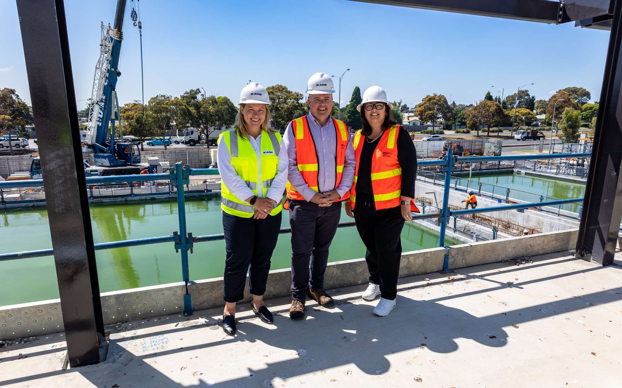 Member for Lara Ella George MP, Deputy Mayor Anthony Aitken and Councillor Kylie Grzybek at the Northern Aquatic and Community Hub.