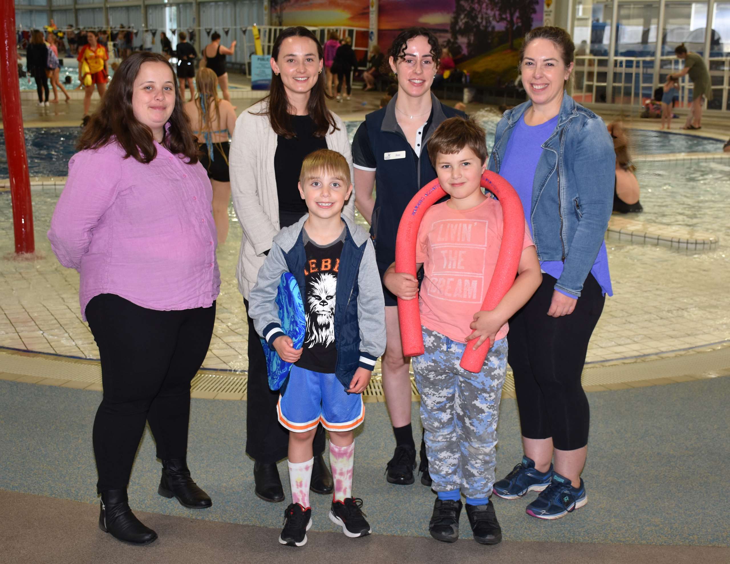 Back row - L to R: Cr Sarah Hathway - chair of the Inclusion and Care portfolio, Tanika Hammond - NDIS Community Capacity Building Coordinator, La Trobe Community Health Service, Jess Rush – Acting Aquatics Coordinator, Emilie van Oosten.                         Front row -  L to R:  Harrison and Luke van Oosten.