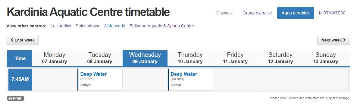 Aqua Aerobics timetable