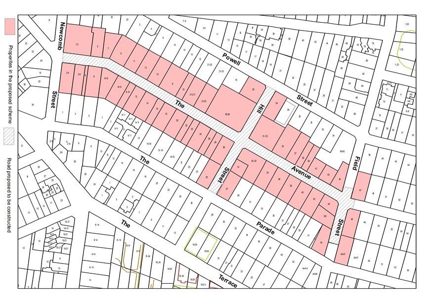 Map showing the properties in the proposed scheme as well as the road proposed to be constructed
