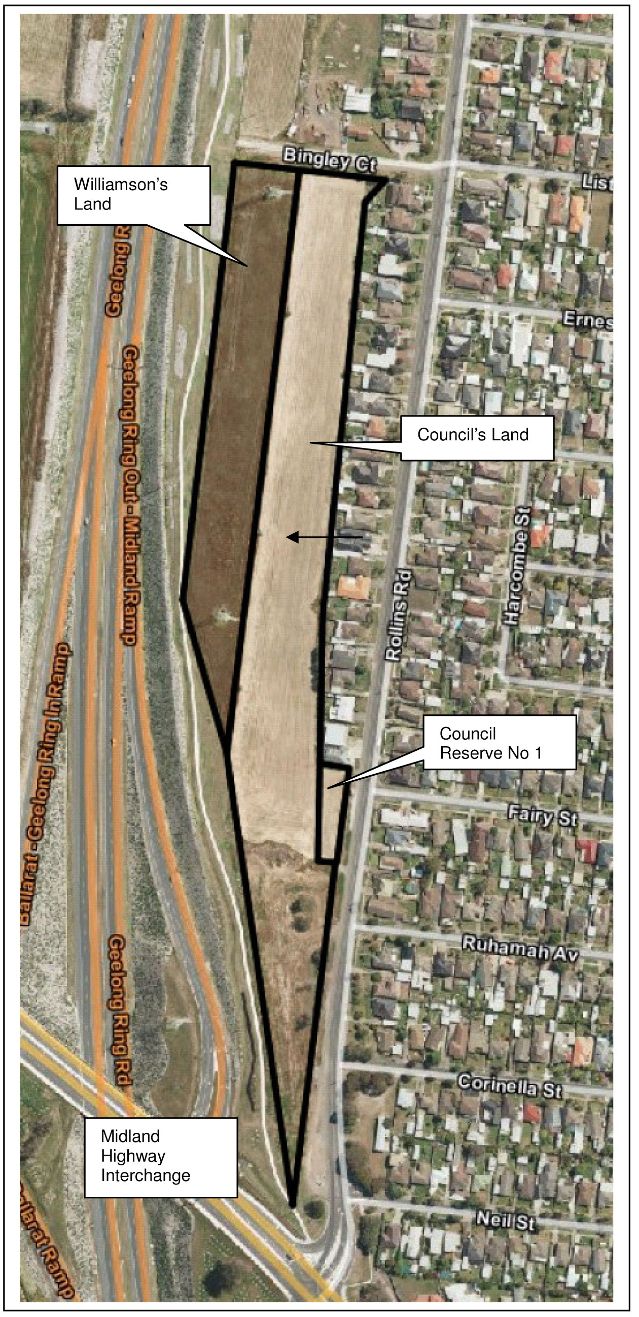 Aerial image showing Willaimson's land, Council's land, Council Reserve No 1 and Midland Highway Interchange