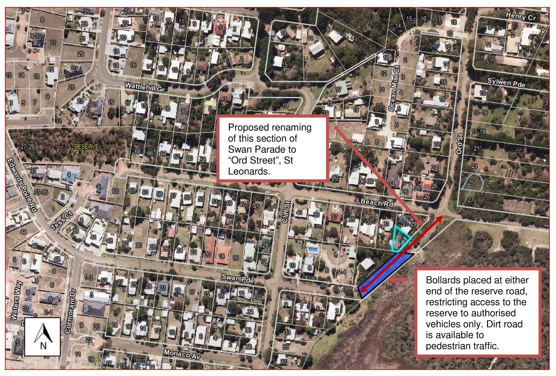 Aerial image showing Proposed renaming of a section os Swan Parage to Ord Street, St Leonards and the Bollards placed at either end of the reserve road, restricting access to the reserve to authorised vehicles only. Dirt road is available to pedestrian traffic.