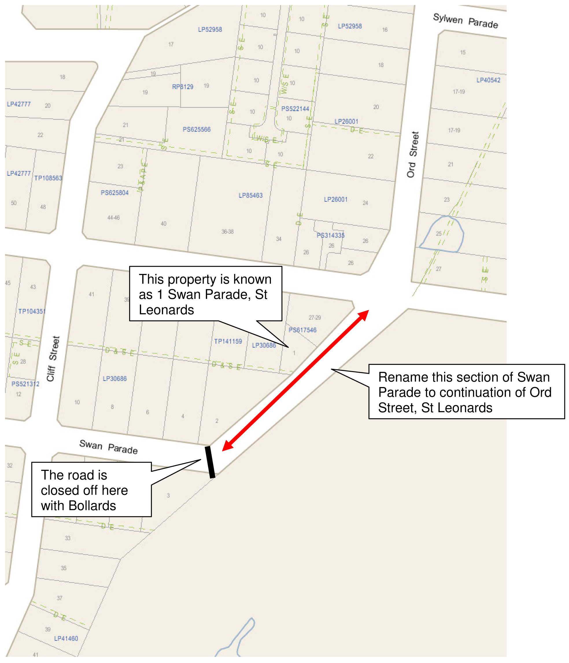 Map version of the section of Swan Parade to be renamed and the placement location of the bollards.
