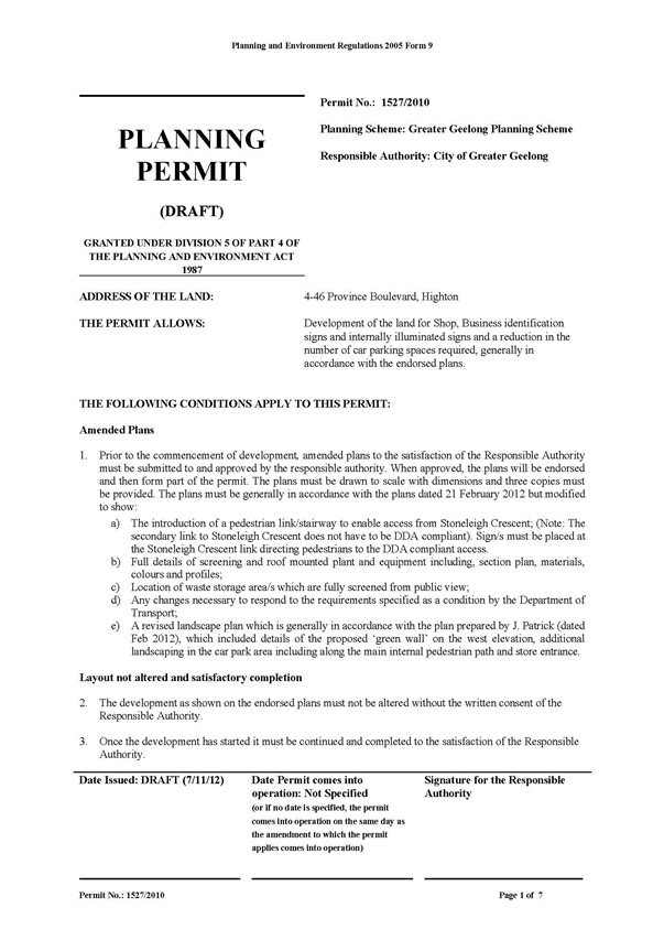 Updated draft Planning Permit - page 1