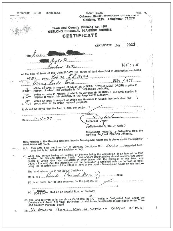 Planning Certificate,  New Corio Estate - 1977