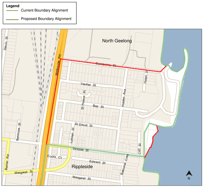 Map showing current boundary alignment in green and proposed alignment in red for North Geelong and Rippleside