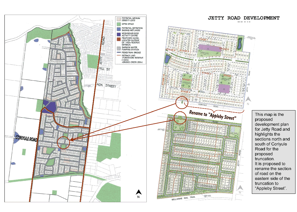Jetty road Development Map showing subdivision and notation: 'This map is the proposed development plan for Jetty road and highlights the sections north and south of Coriyule road for the proposed truncation. It is proposed to rename the section of road on the eastern side of the truncation to Appleby Street.