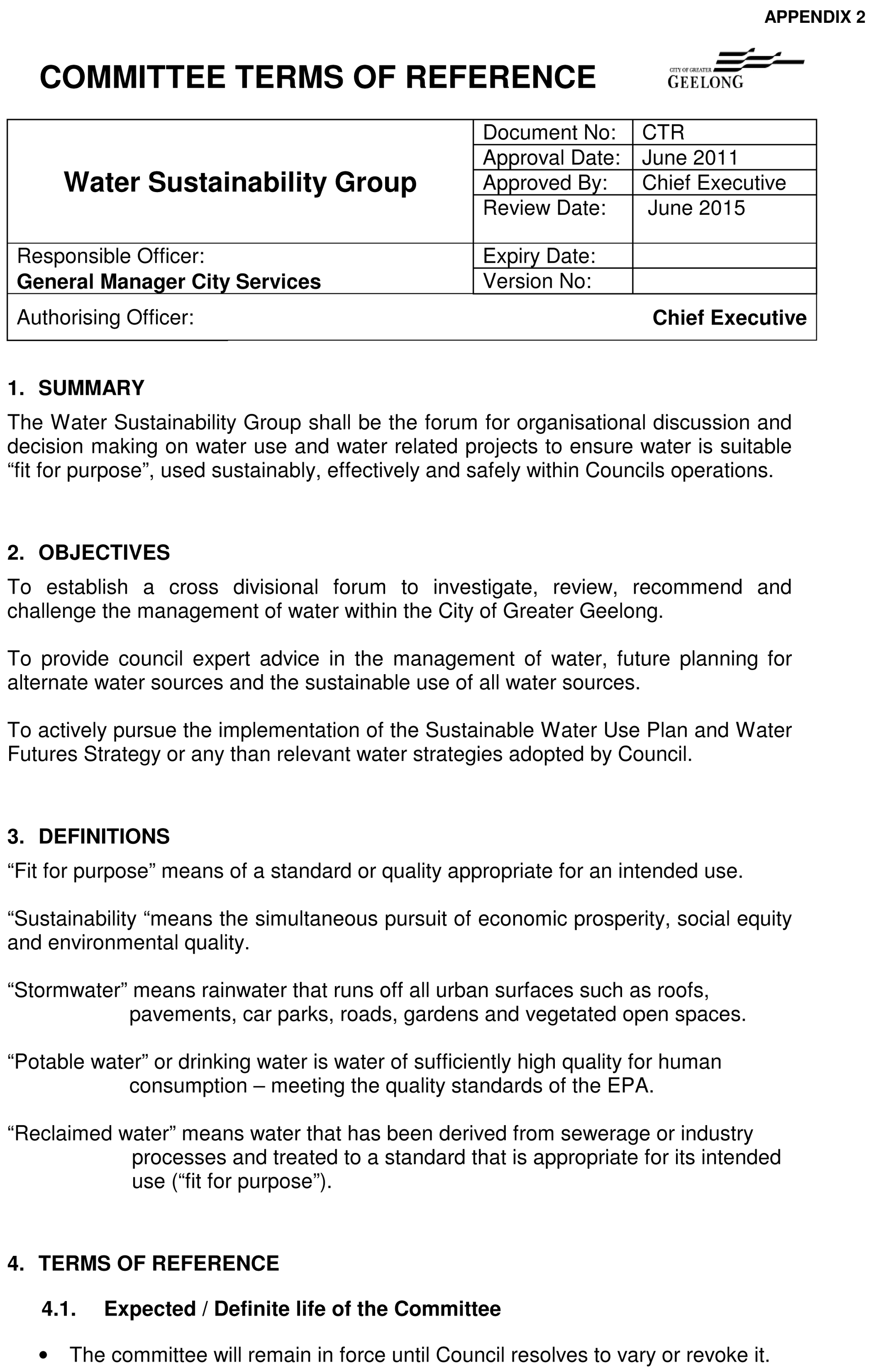 Water Sustainability Group Terms of Reference - Page 1