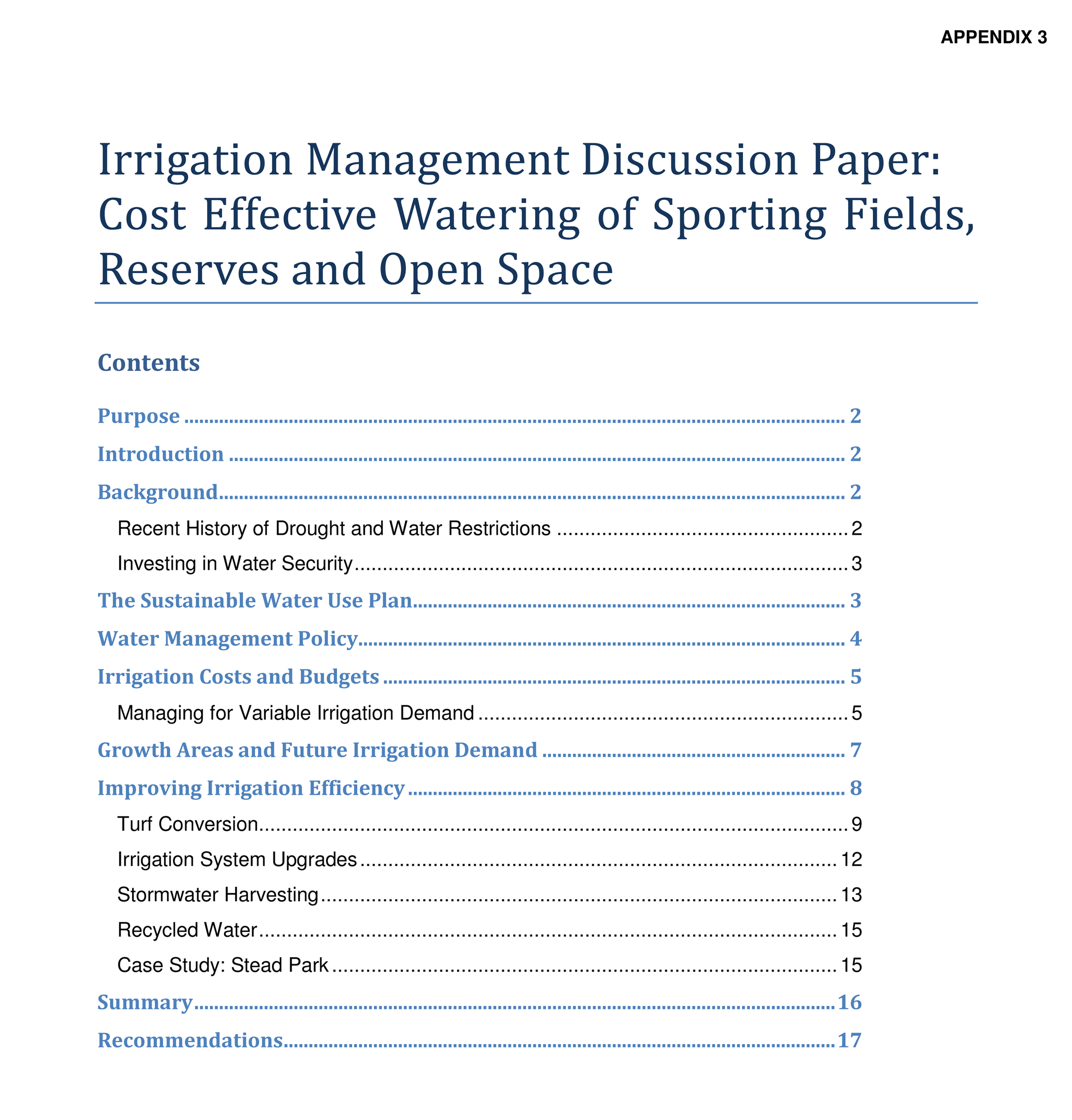 Irrigation Management Discussion Paper - Contents Page