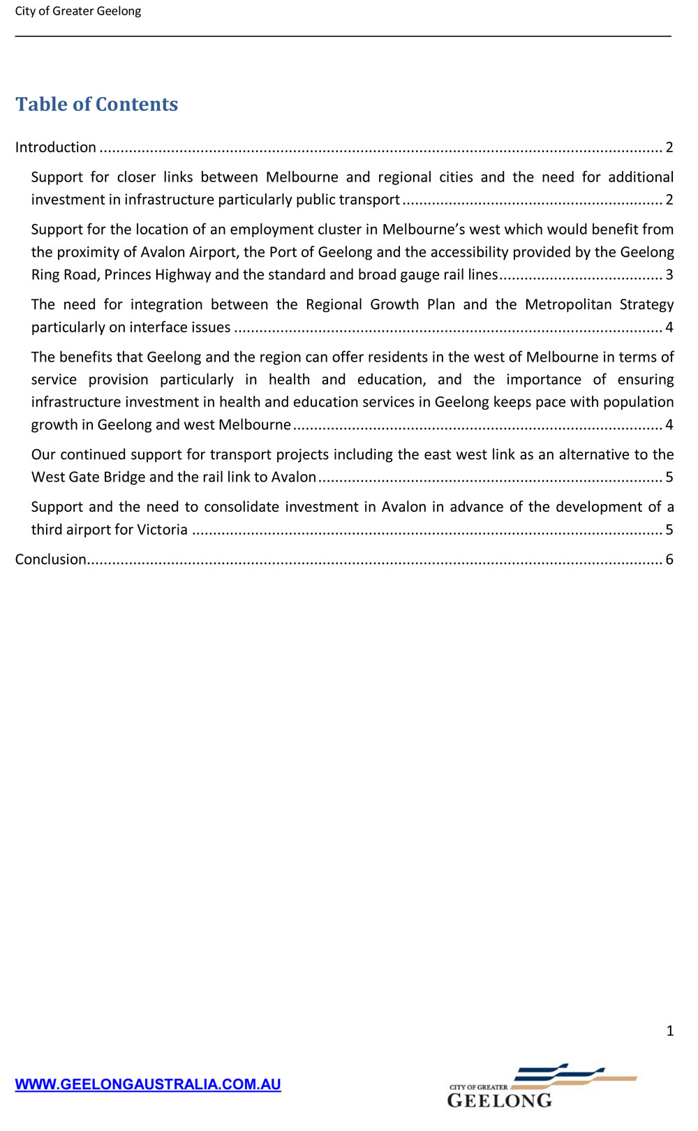 City of Greater Geelong Submission: Discussion Paper Metropolitan Strategy March 2013 - Page 1: Table of Contents