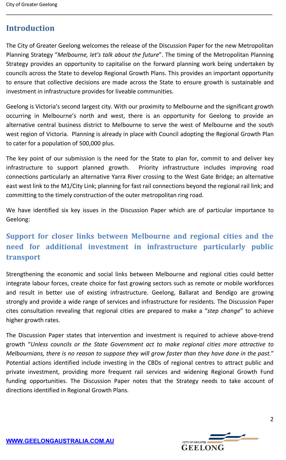 City of Greater Geelong Submission: Discussion Paper Metropolitan Strategy March 2013 - Page 2