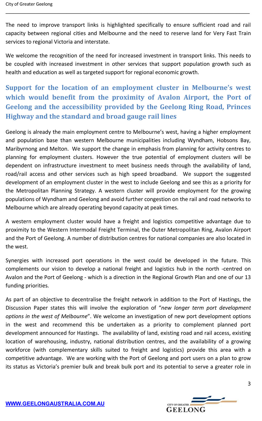 City of Greater Geelong Submission: Discussion Paper Metropolitan Strategy March 2013 - Page 3