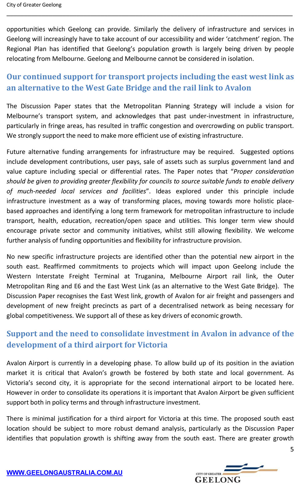 City of Greater Geelong Submission: Discussion Paper Metropolitan Strategy March 2013 - Page 5