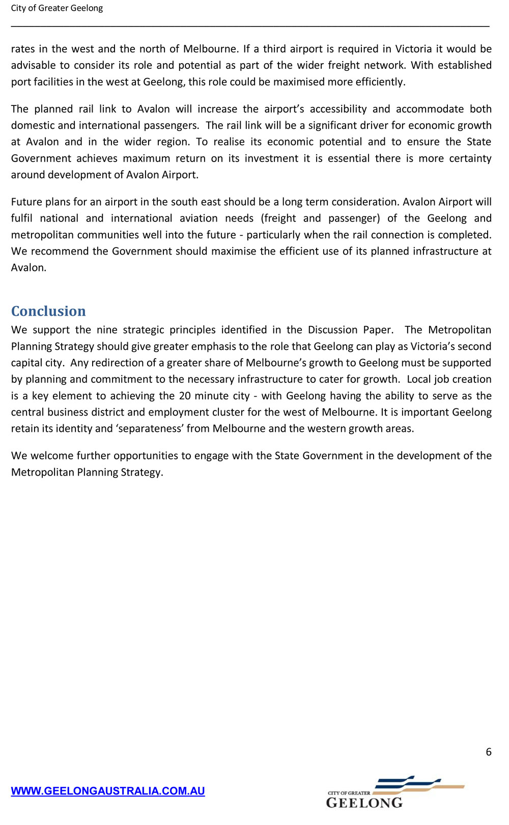 City of Greater Geelong Submission: Discussion Paper Metropolitan Strategy March 2013 - Page 6