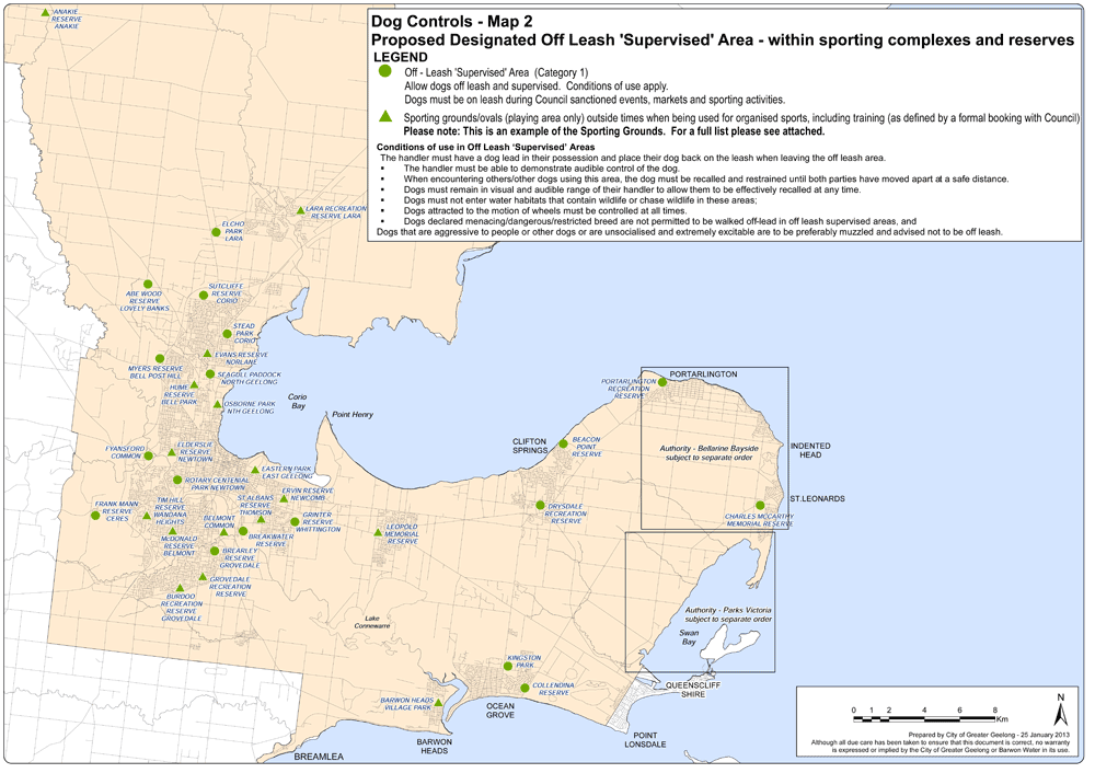 Dog Controls - Map 2: Proposed Designated Off Leash 'Supervised' Area - within sporting complexes and reserves