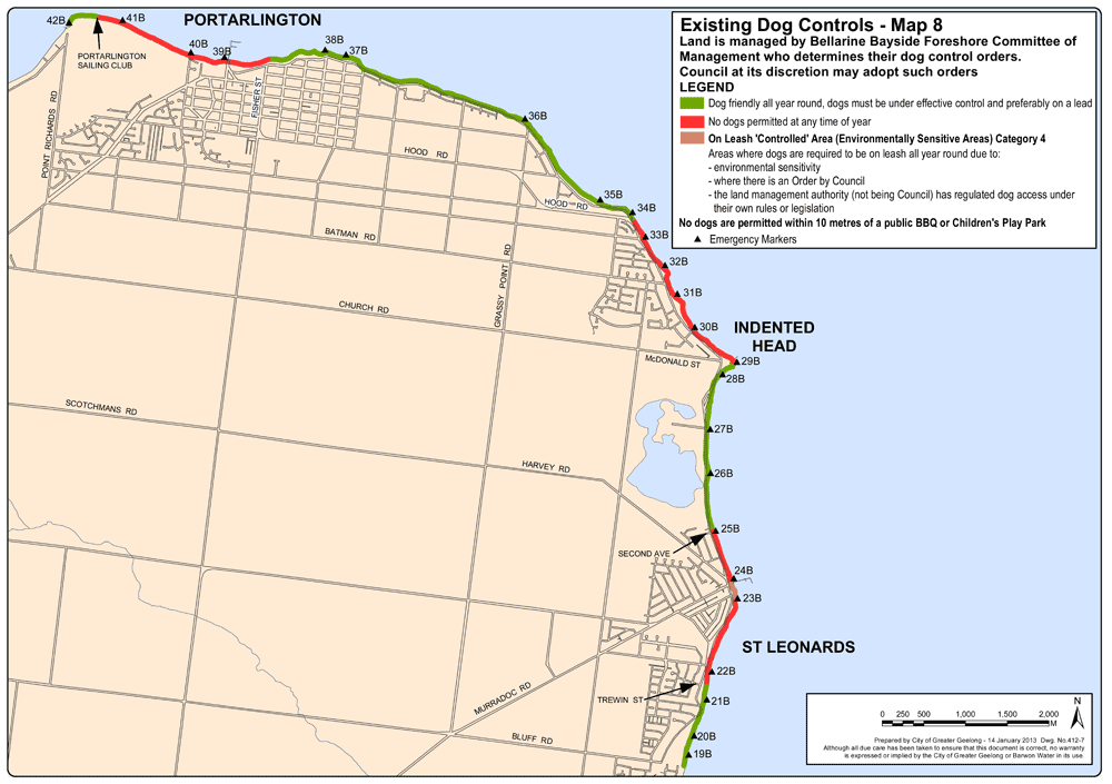 Existing Dog Controls - Map 8: Land is managed by Bellarine Foreshore Committee of Management who determines their dog control orders.  Council at its discretion may adopt such orders.
