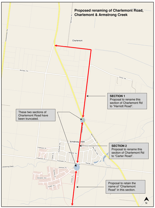 Plan showing proposed renaming of Charlemont Road, Charlemont and Armstrong Creek