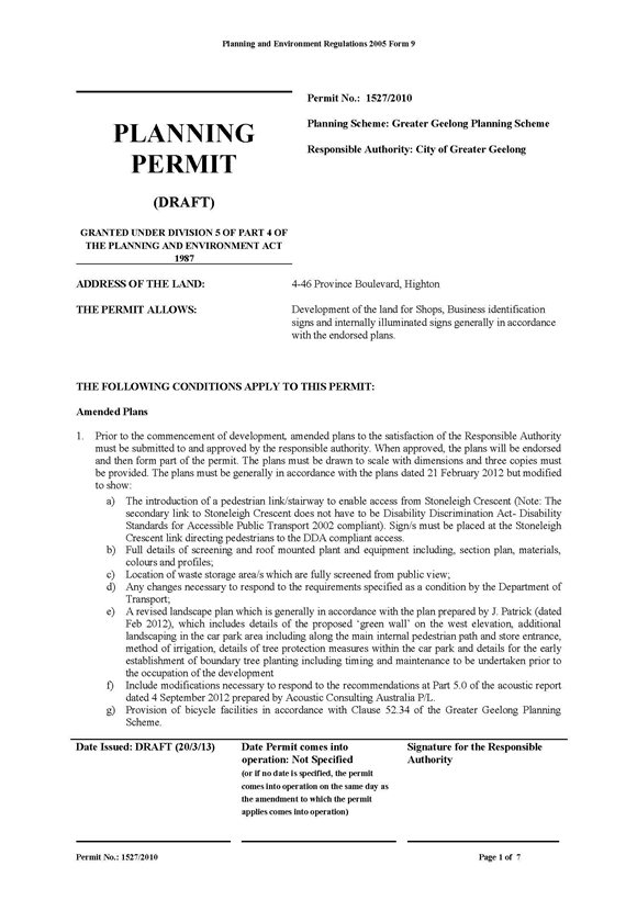 Planning Permit (Draft) - (Page 1 of 7)