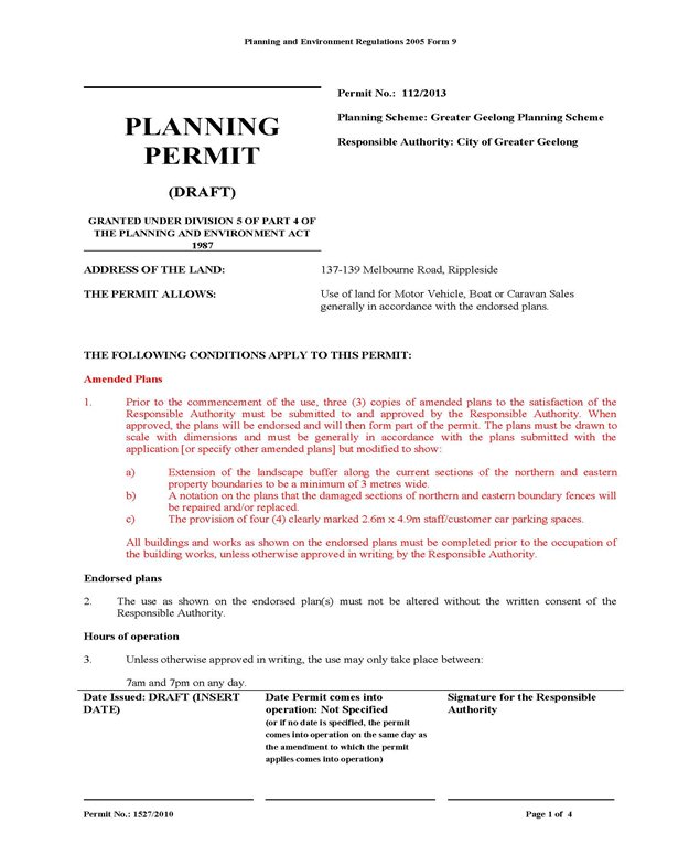 Appendix 5 Updated Draft Planning Permit- changes shown in red text - page one
