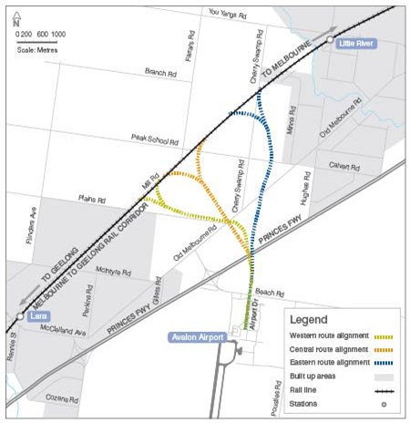 Map showing three route options