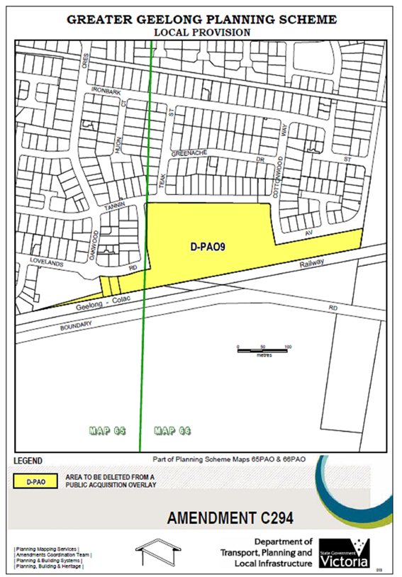 Local Provision Amendment C294 - Area to be deleted from a public acquisition overlay - part of Planning Scheme Maps 65PAO and 66PAO