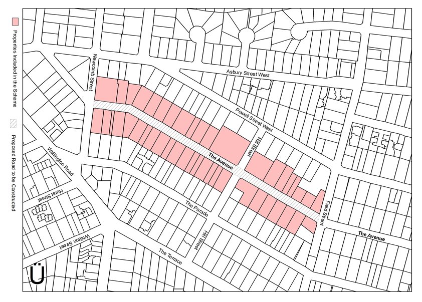 Plan showing properties included in the scheme and the proposed road to be constructed
