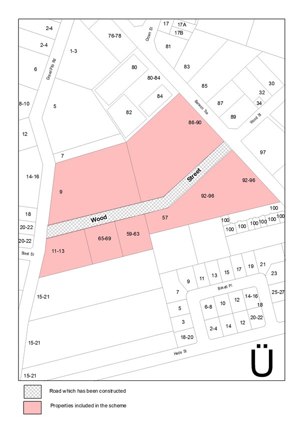 Map showing road which has been constructed and properties included in the scheme