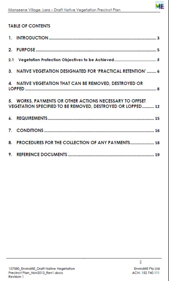 Manzeene Village Lara - Draft Native Vegetation Precinct Plan - Table of Contents