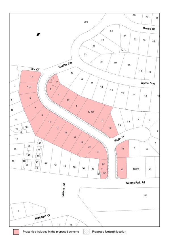 Map showing properties included in the proposed scheme and proposed footpath location