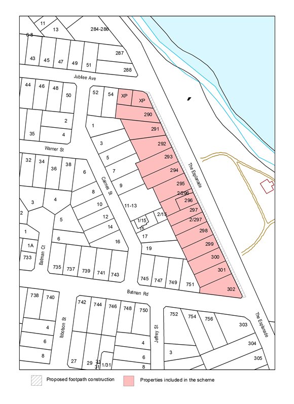 Map showing proposed footpath construction and properties included in the scheme