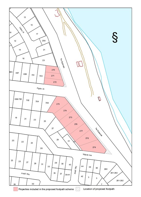 Plan showing properties included in the proposed footpath scheme and the location of proposed footpath