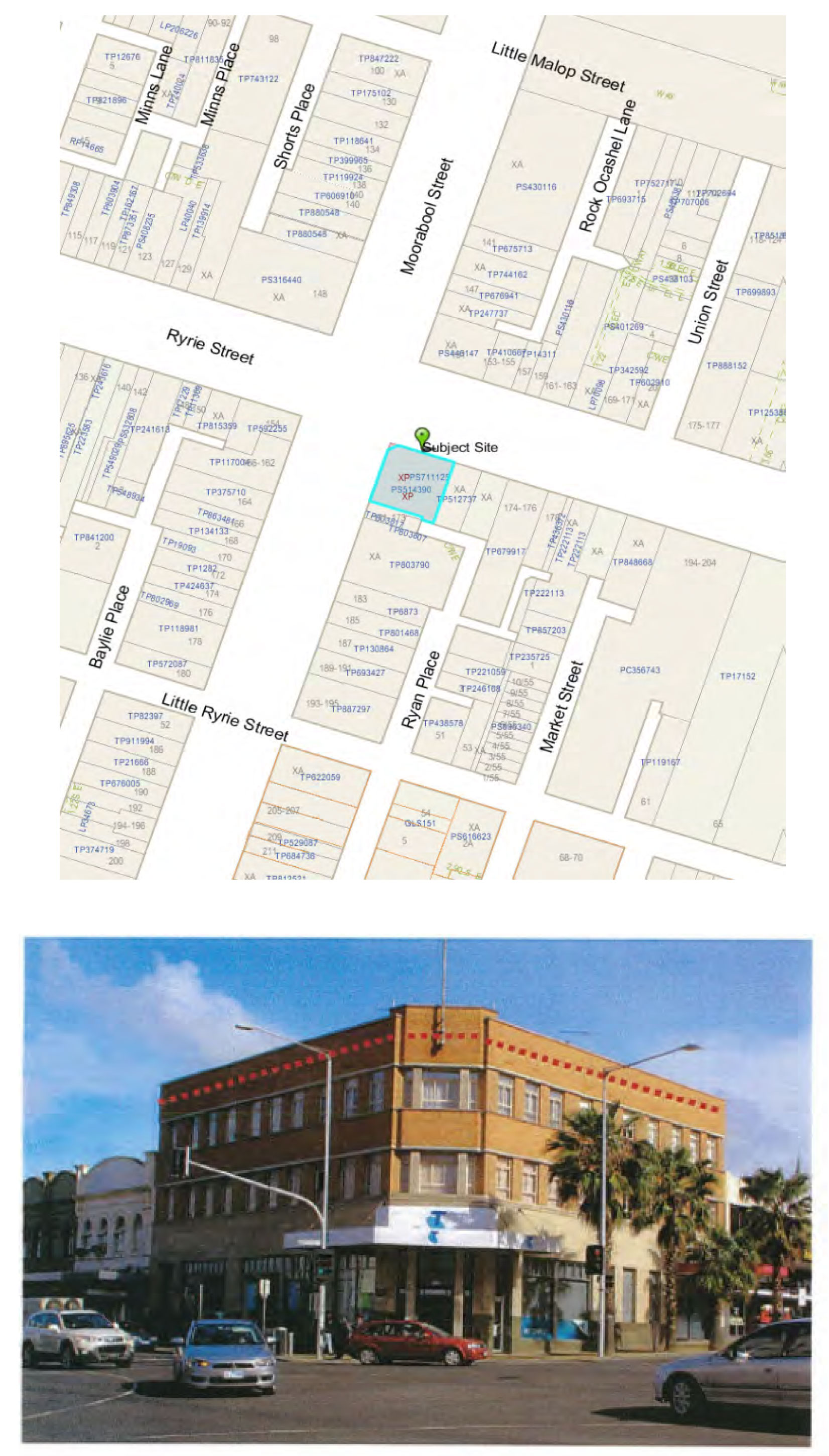 Locality map and image of current building on corner