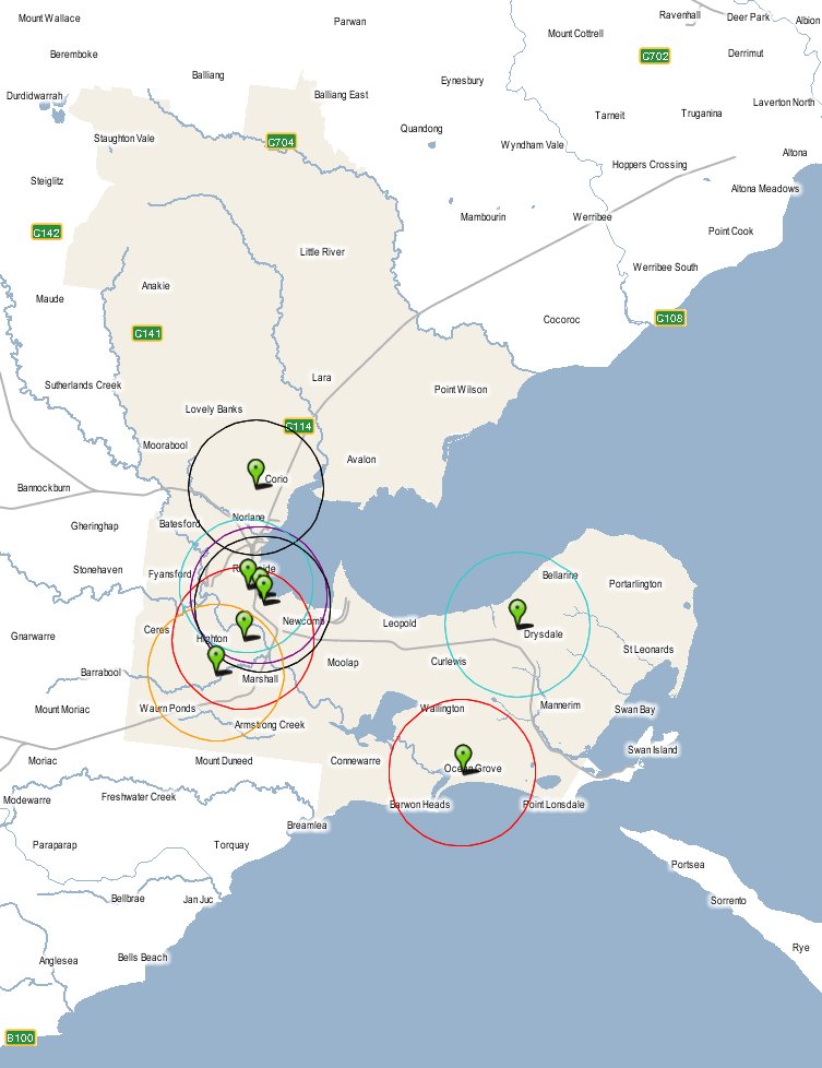 Map of City of Greater Geelong with Customer Service Centres highlighted