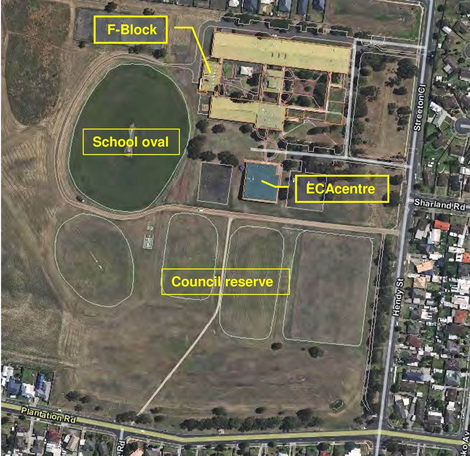 Aerial image showing the location of F-Block, the school oval, ECAcentre and Council reserve