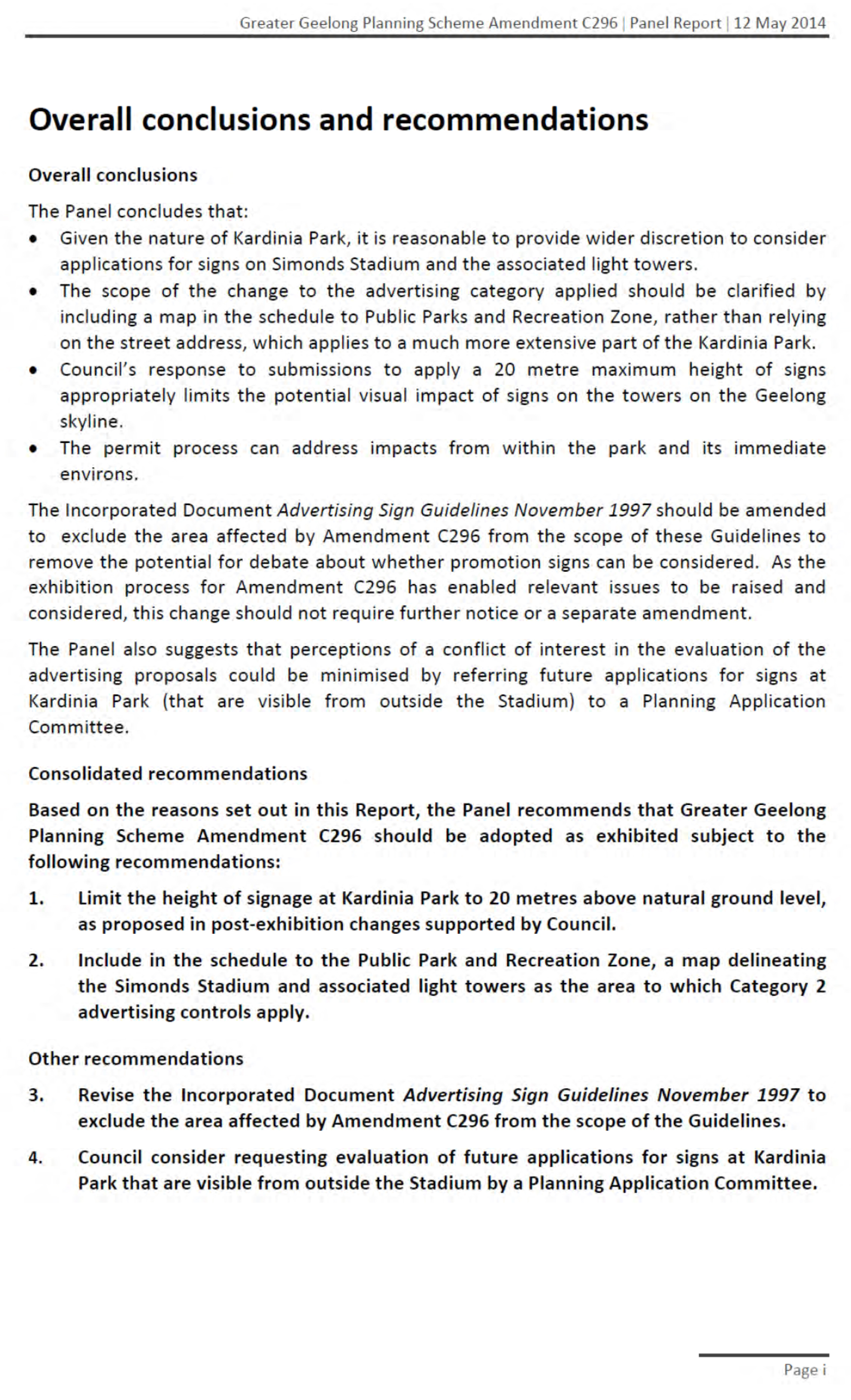 Panel overall conclusions and recommendations