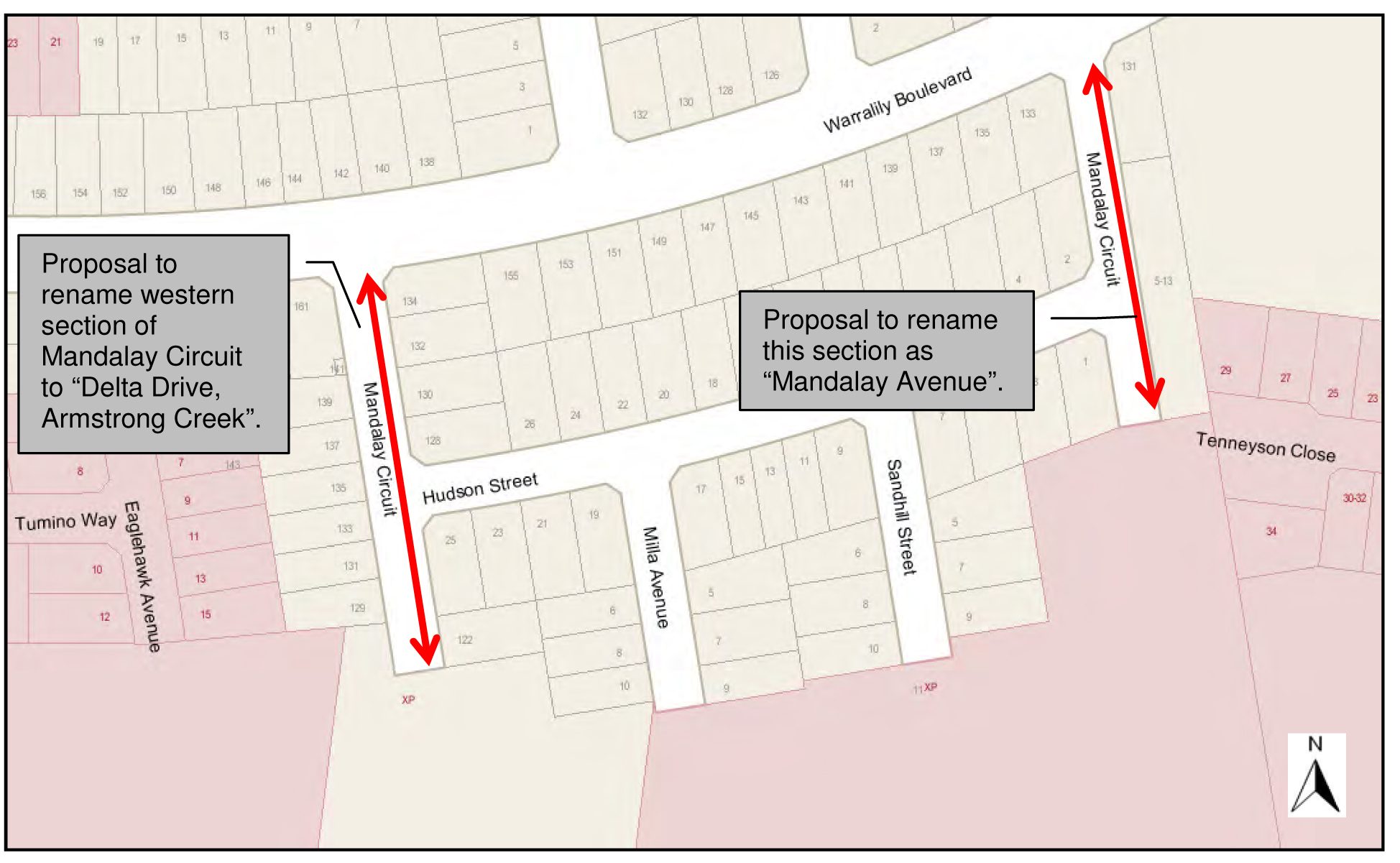 Map detailing the Proposed Renaming of Western Section of Mandalay Circuit, Armstrong Creek
