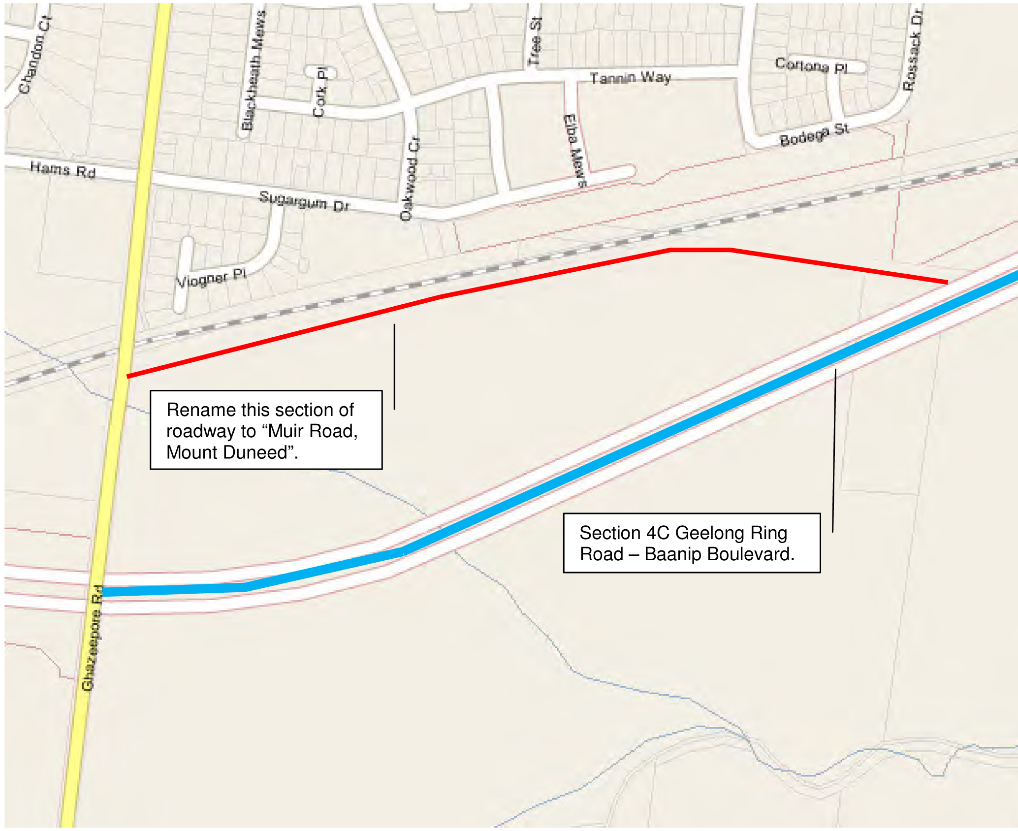 Map detailing the Road renaming – Western section of Boundary Road, Mount Duneed
