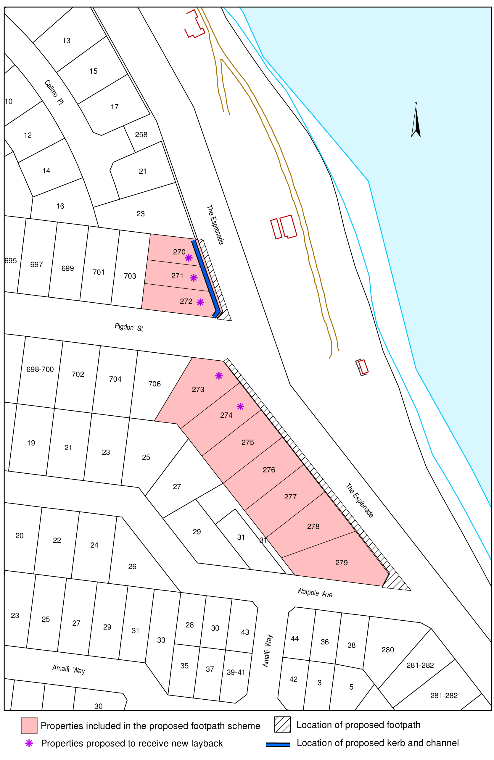 Plan showing properties included in the proposed footpath scheme, location of proposed footpath, properties proposed to receive new layback and location of proposed kerb and channel