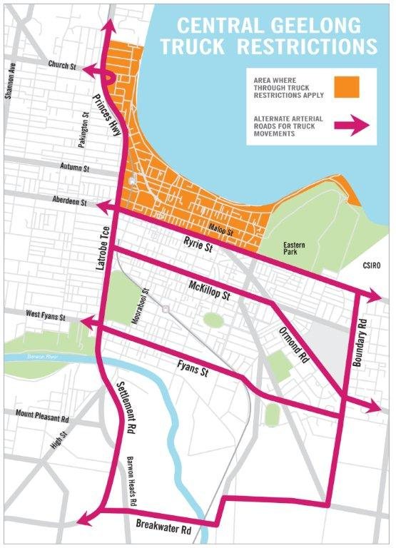Map showing Central Geelong truck restrictions