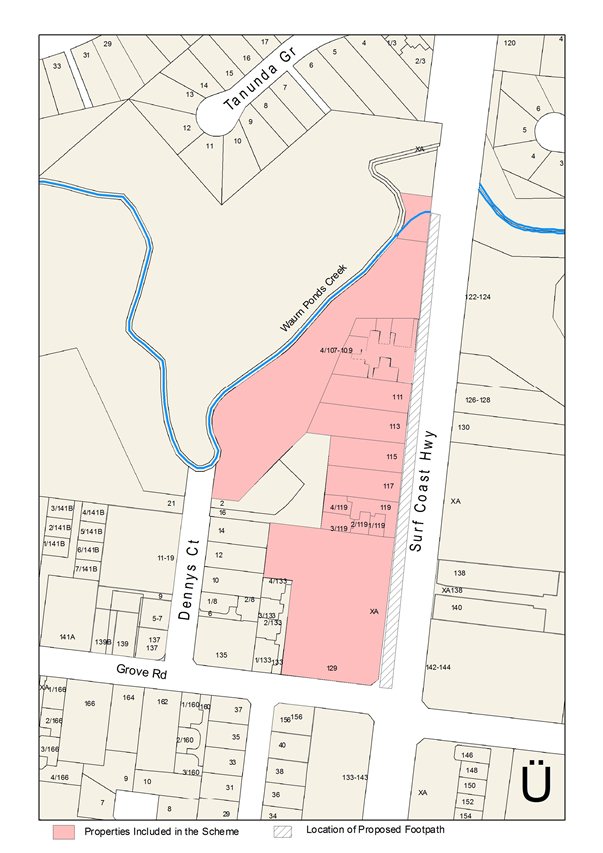 Plan showing properties included in the scheme and location of proposed footpath