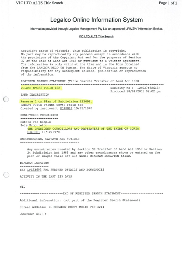 Connections Park, Corio, Land Title - Title search - page 1 of 2