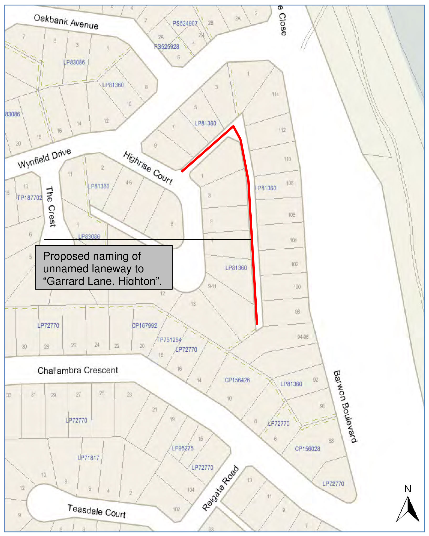 Map of proposed naming of unnamed laneway to Garrard Lane, Highton