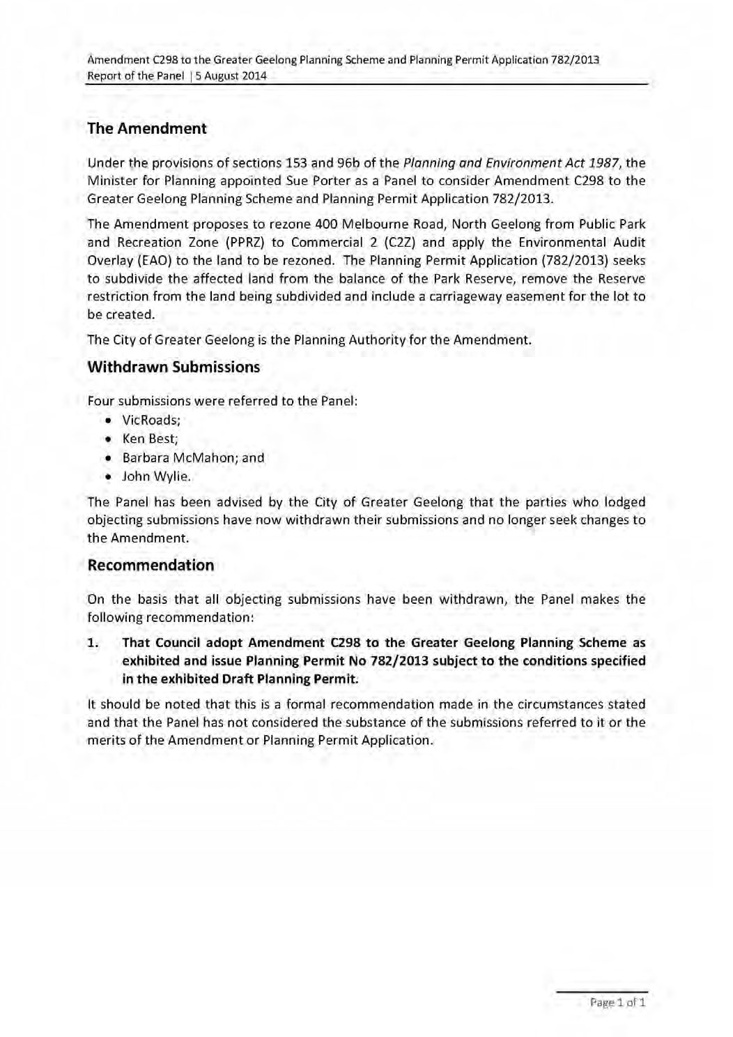 Panel recommendation - page 1 of 1