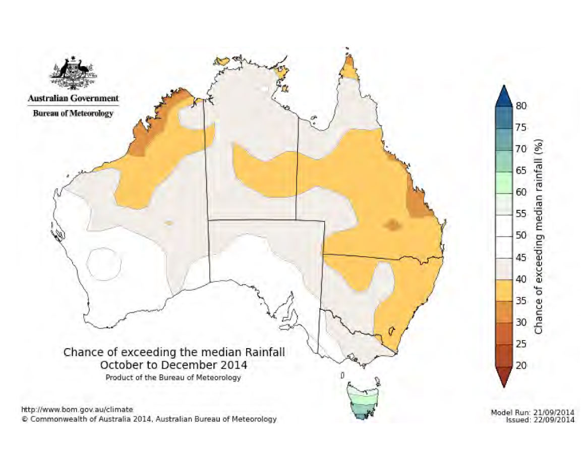 Map of Australia produced by the Bureau of Meteorology showing the chance of exceeding the median rainfaull in October to December 2014