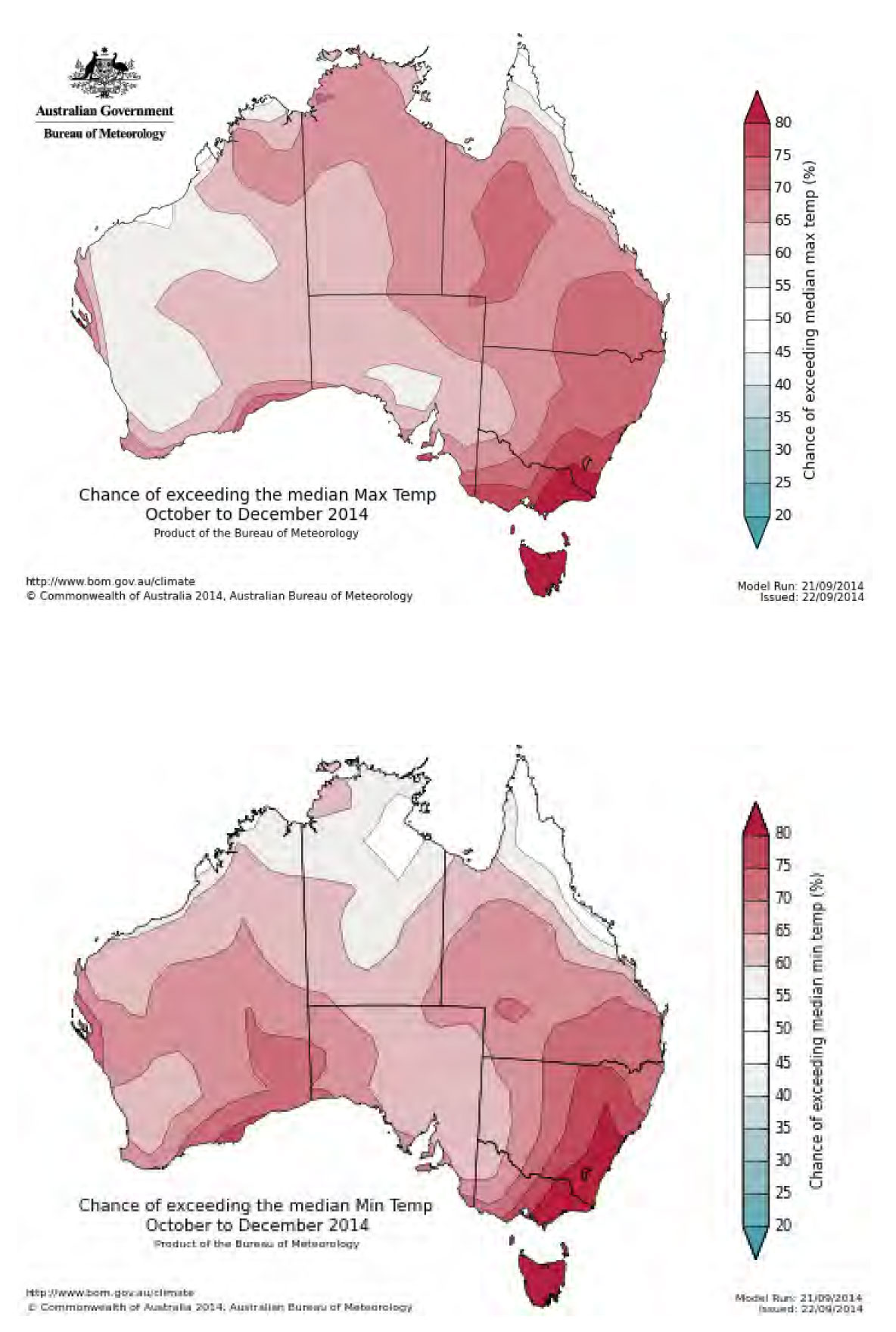 Two maps of Australia produced by the Bureau of Meteorology.  Top map shows the chance of exceeding the median maximum temperature in October to December 2014. Secnd map shows the chance of exceeding the median minimum temperature in October to December 2014