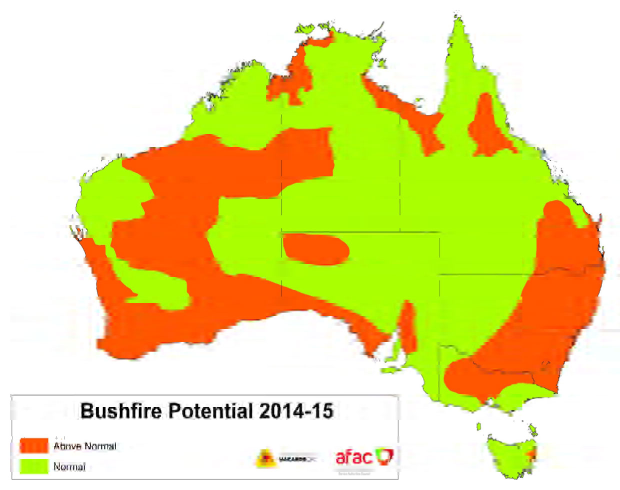 Map of Australia showing the bushfire potential for 2014-2015
