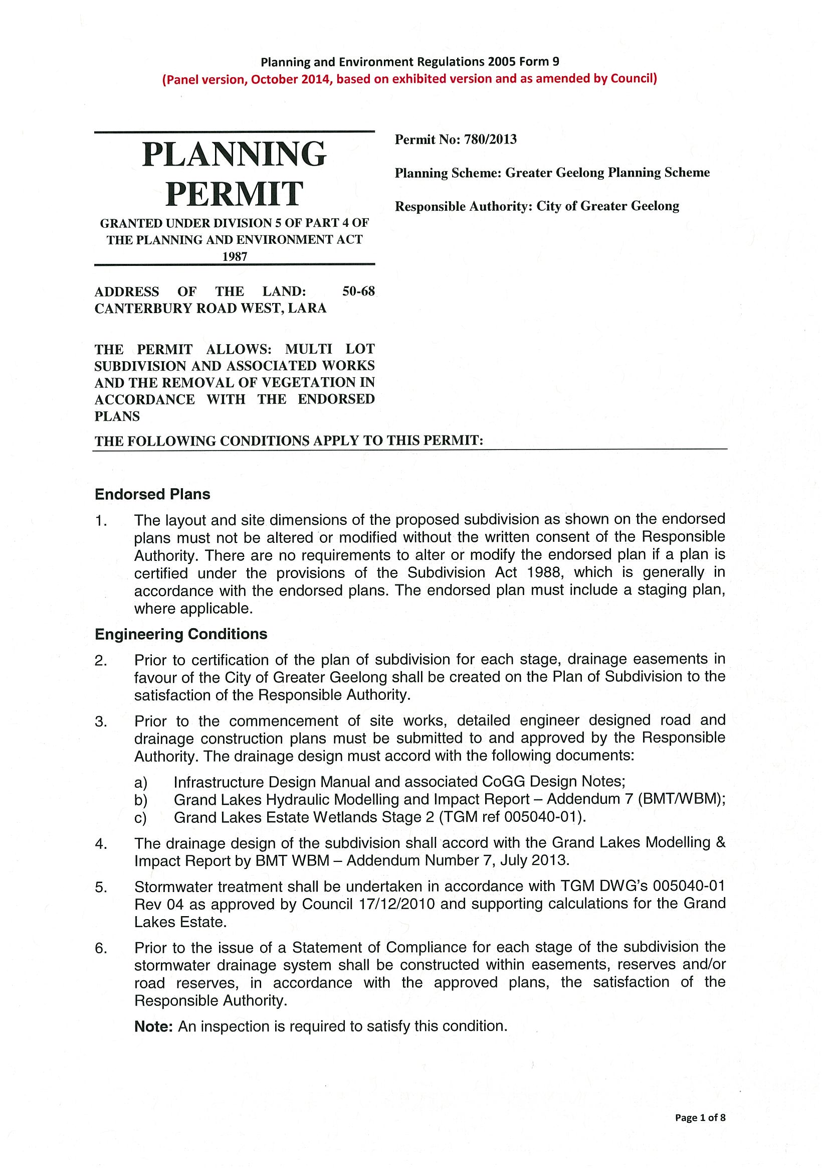 Planning Permit 780/2013 - Page 1 of 8