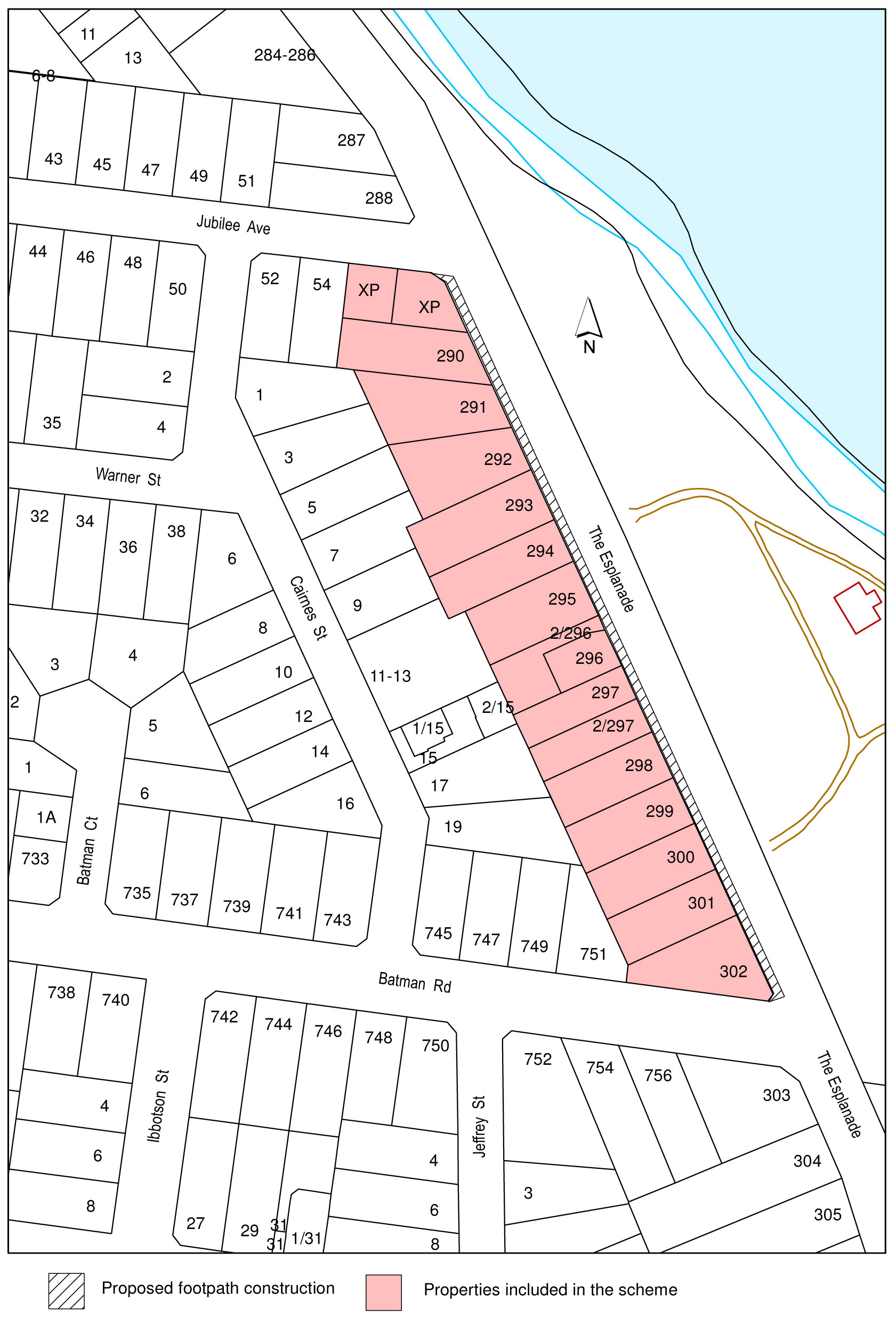 Plan including legend for proposed footpath and properties included in the proposed scheme