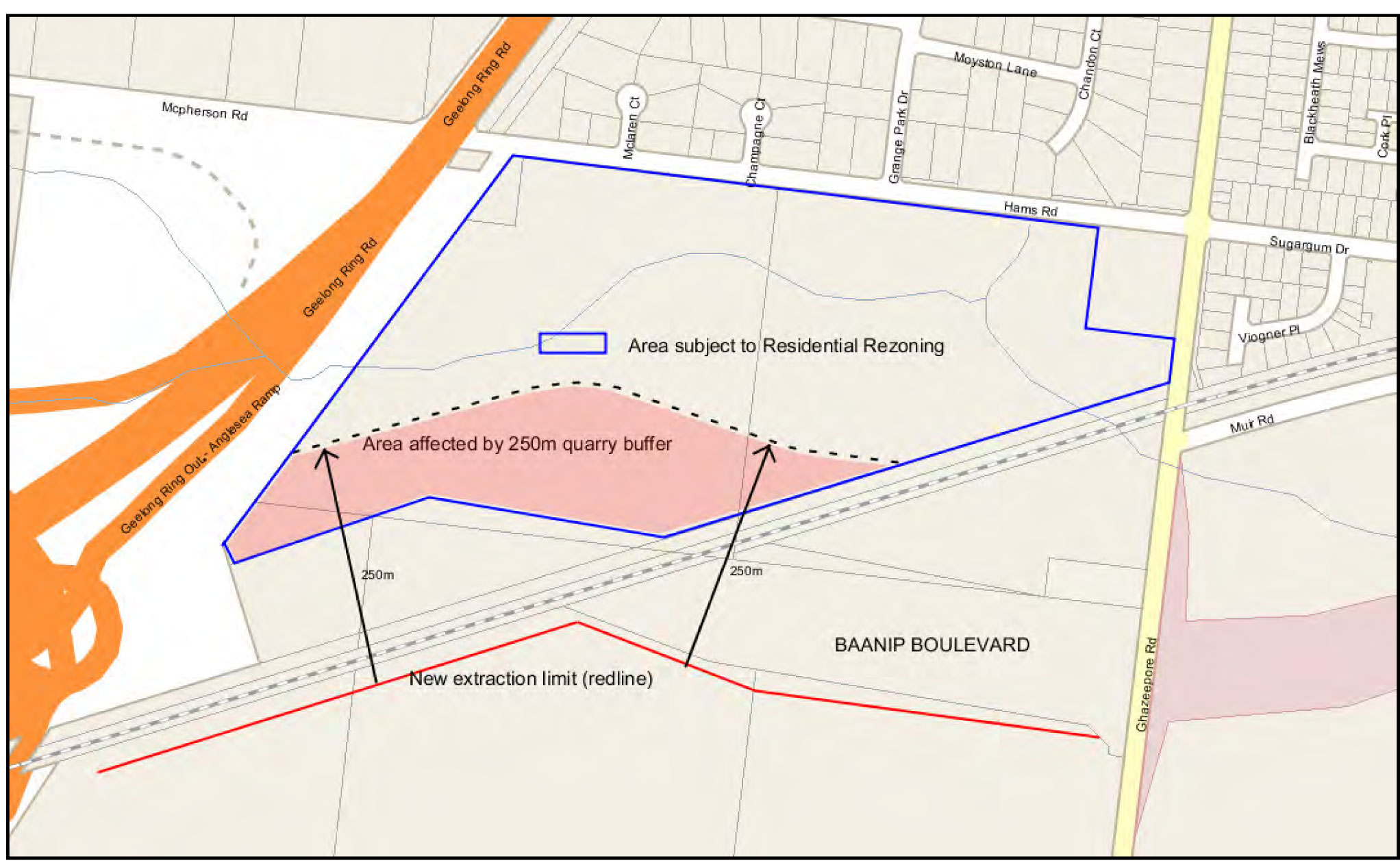 Area affected by 250m Boral Quarry Buffer