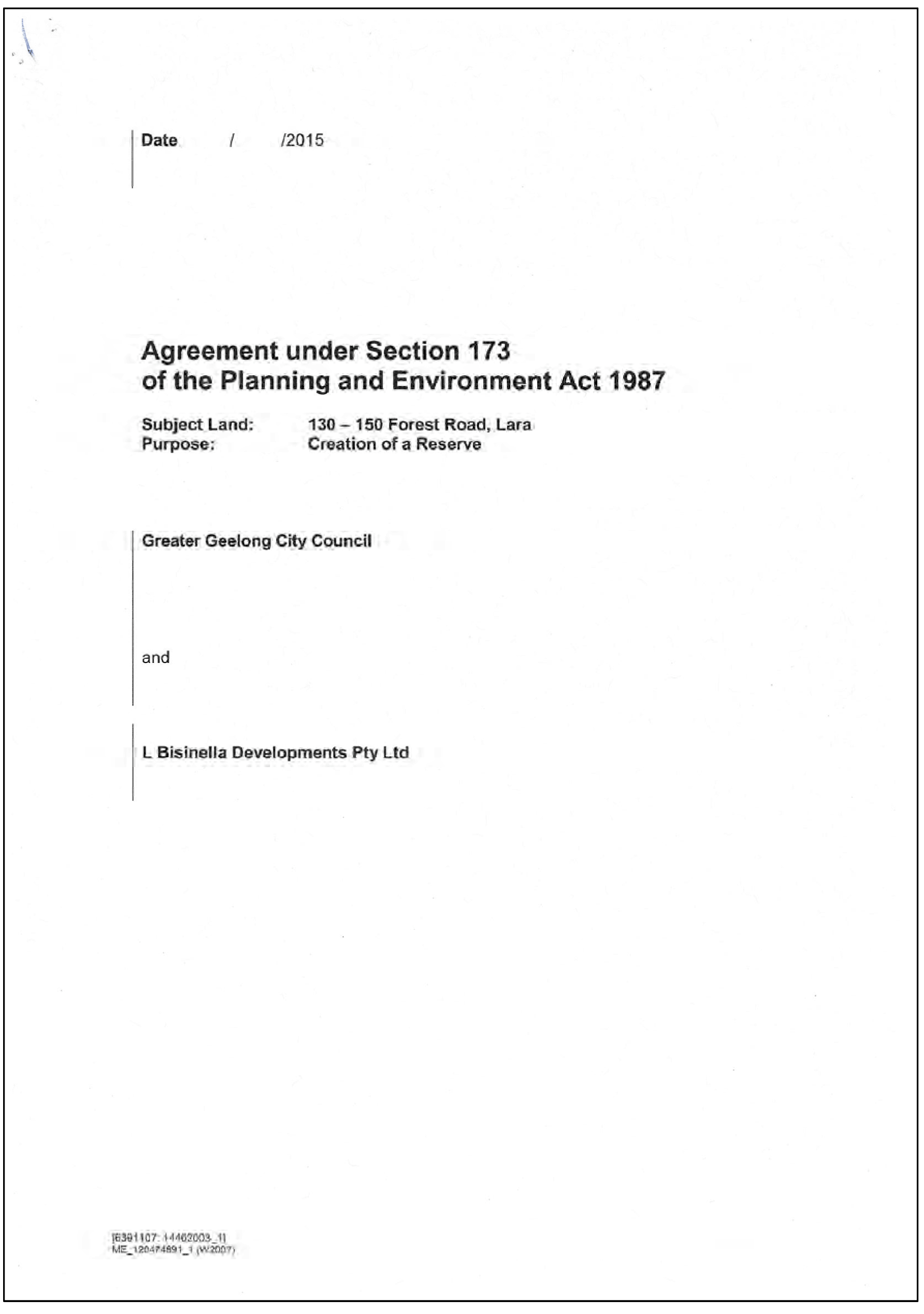 Section 173 Agreement signed by Bisinella Developments - cover page